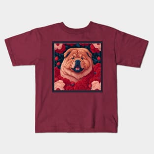 Dogs, chow chow and flowers, dog, seamless print, style vector (red version 2 chow-chow) Kids T-Shirt